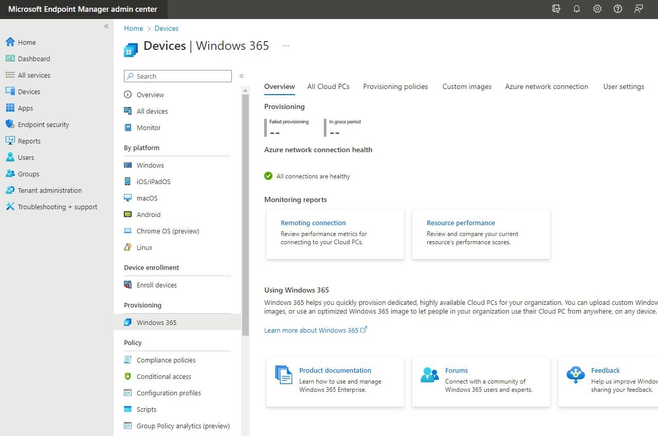 Screenshot of Microsoft Endpoint manager. It offers a range of powerful features covering configuration, provisioning and management